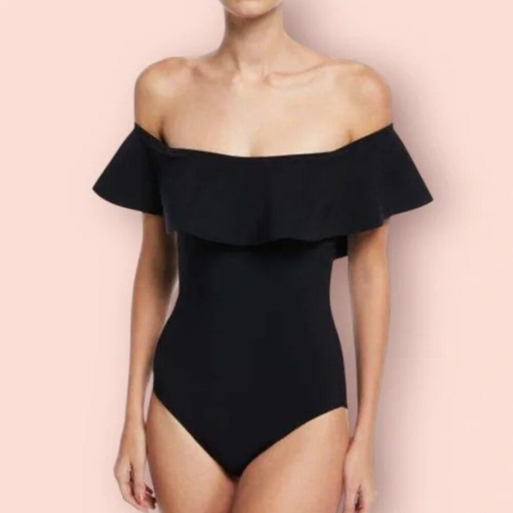 Karla Colletto Black Laser Cut Off Shoulder Ruffle One Piece Swimsuit Size 6